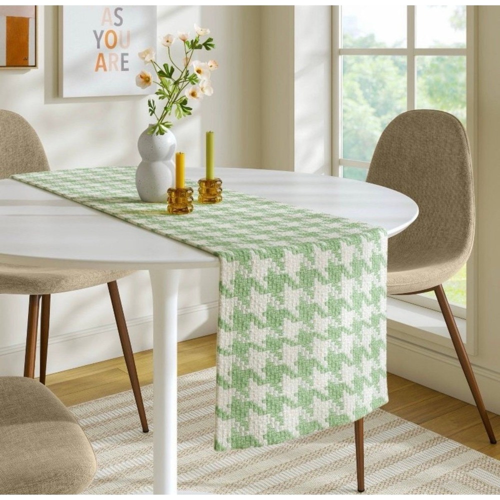Room Essentials Table Runner Home 14x72‎ Green Houndstooth Woven Cotton NEW